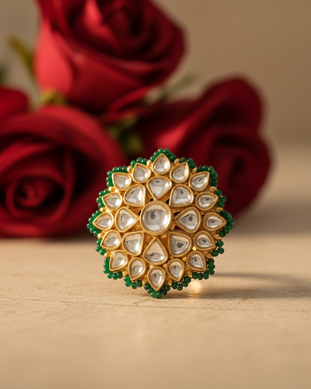 Green Beaded Polki Kundan Ring, Adjustable Ring Jewelry