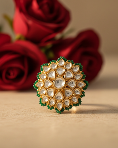 Green Beaded Polki Kundan Ring, Adjustable Ring Jewelry