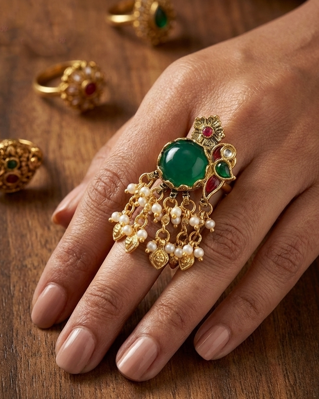 18k Gold Plated Green Kundan Pearl Jhumki Adjustable Ring Jewelry
