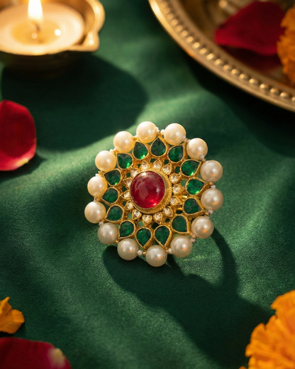 Handcrafted Kundan Pearl Floral Ring with Traditional Ring