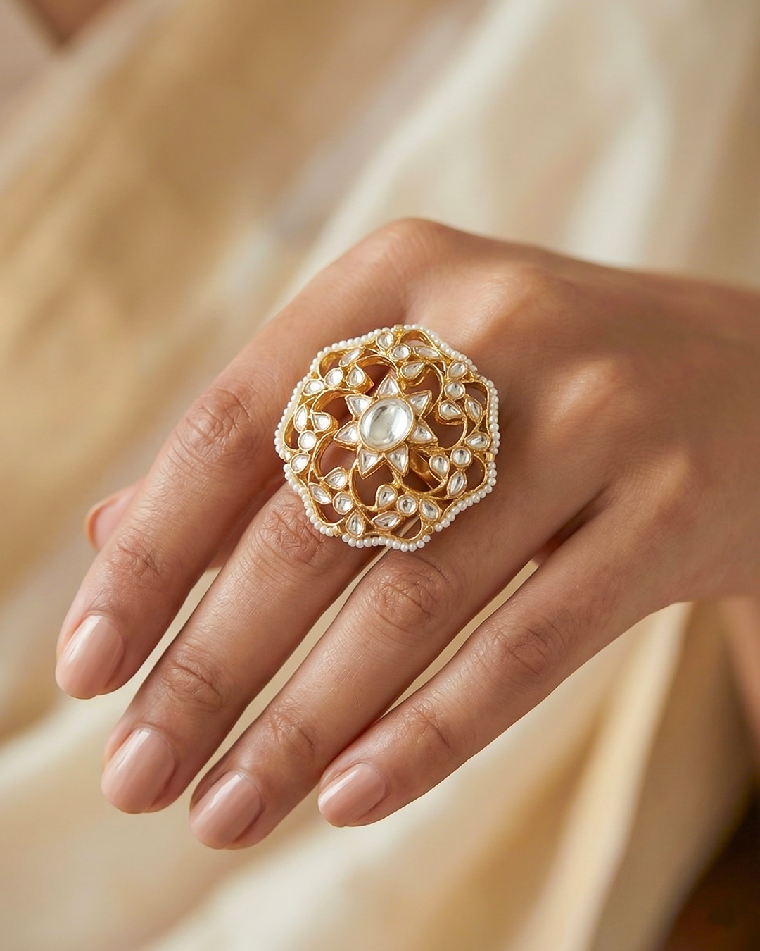 Floral Polki Kundan Ring, Pearl Border White Kundan Ring Jewelry