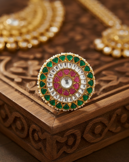 Round Polki Kundan Adjustable Ring, Pink & Green Stone Jewelry