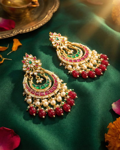 Traditional Jadau Chandbali Earrings 18K Gold Plated Stones & Beads