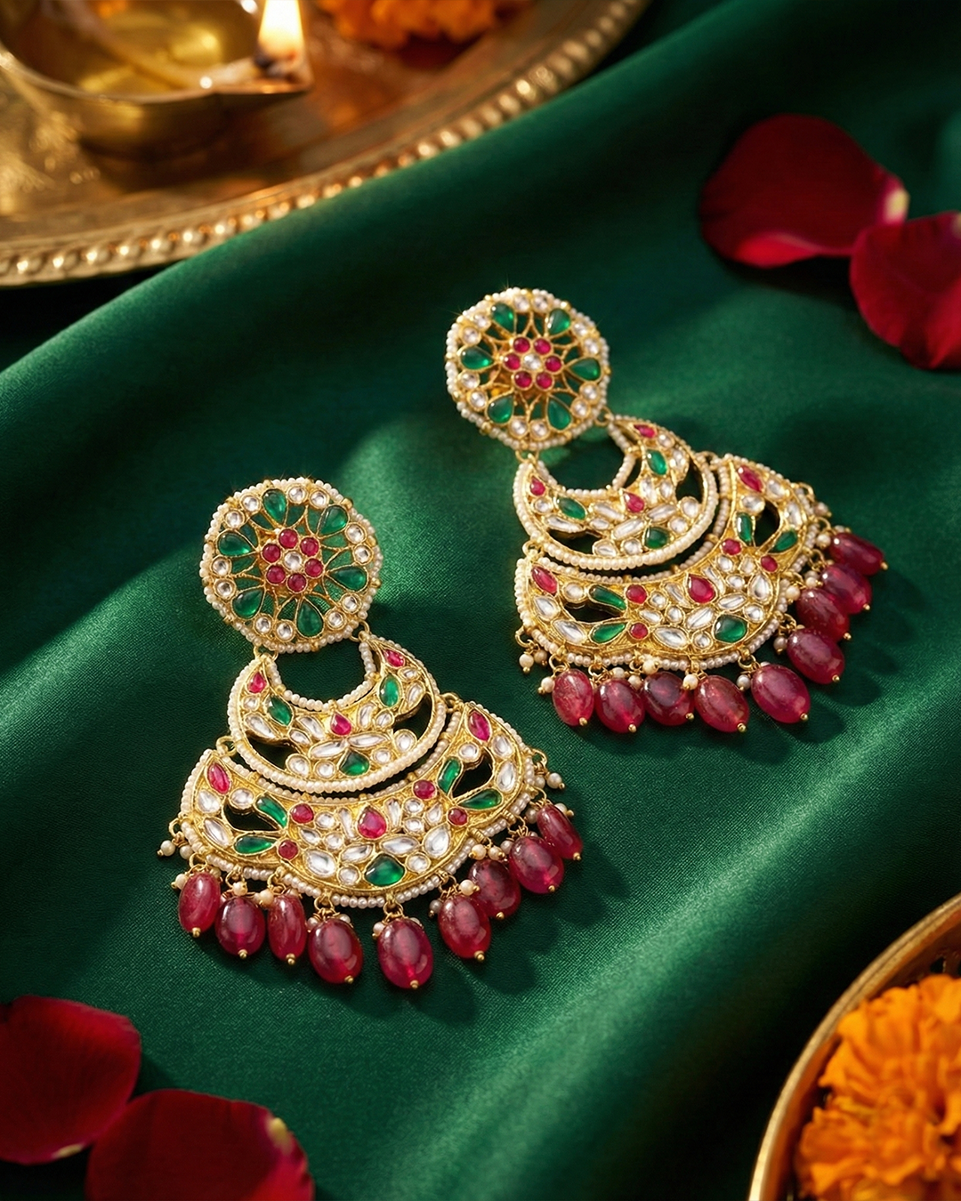 Bridal Jadau Chandbali Earrings – Gold Plated with Stones & Beads