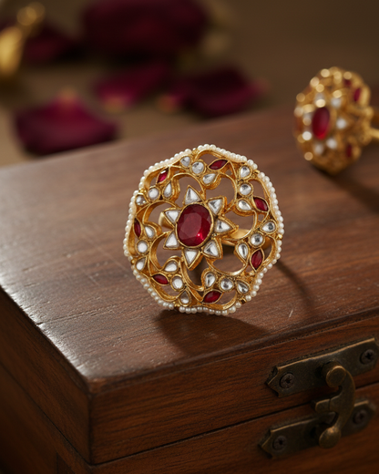 Handmade Polki Kundan Floral Ring, Mother of Pearl Ring Jewelry
