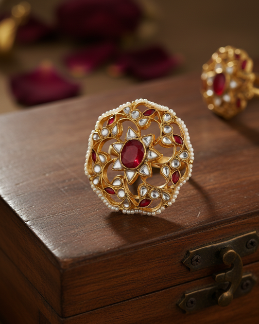 Handmade Polki Kundan Floral Ring, Mother of Pearl Ring Jewelry