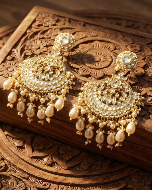 Kundan Jadau Chandbali Earrings for Women, 18K Gold Plated Jewelry