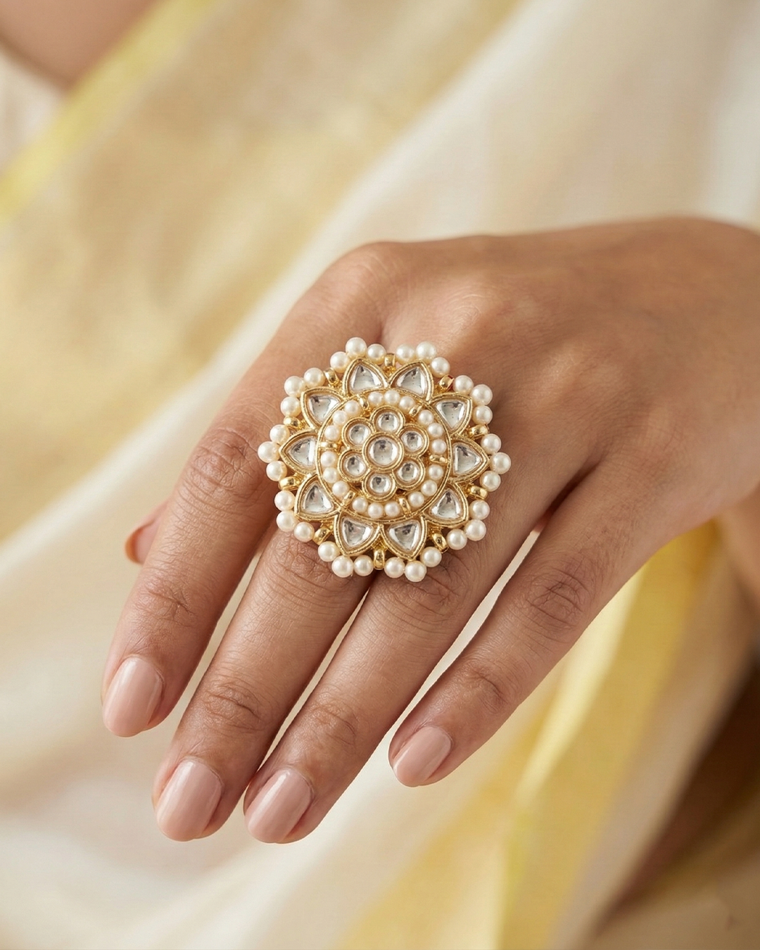 Gold Plated Pearl Kundan Floral Adjustable Ring for Women Jewelry