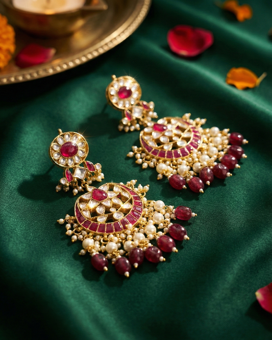 Handcrafted 18K Gold Plated Jadau Red Kundan Earrings Jewelry