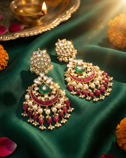 18K Gold Plated Jadau Chandbali Earrings Pearl Beads Jewelry