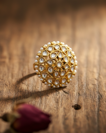 Round Kundan Pearl Ring Jewelry, 18k Gold Finish Adjustable Ring