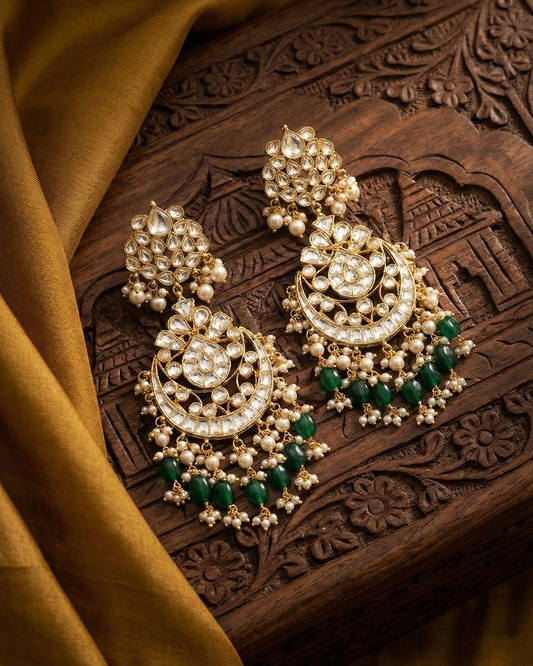 Designer Jadau Chandbali Earrings with Green Beads and Pearl Accents