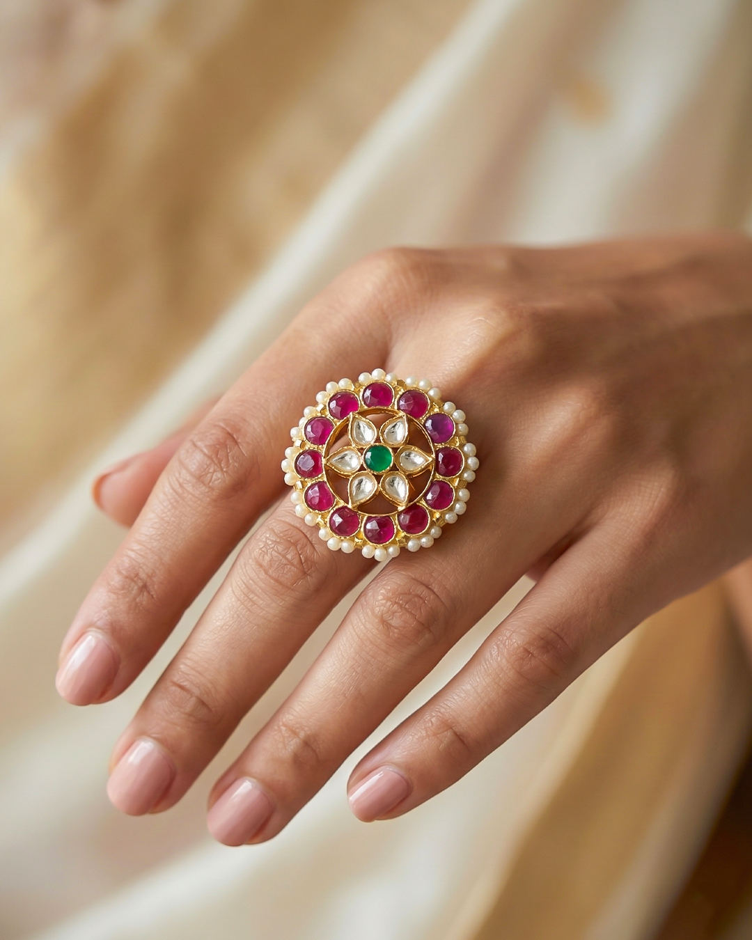 Designer Polki Kundan Pearl Adjustable Ring Jewelry