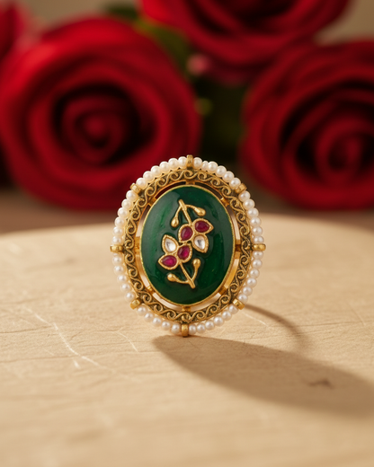 Floral Kundan Ring with Pearl Border, Adjustable Gold Ring Jewelry