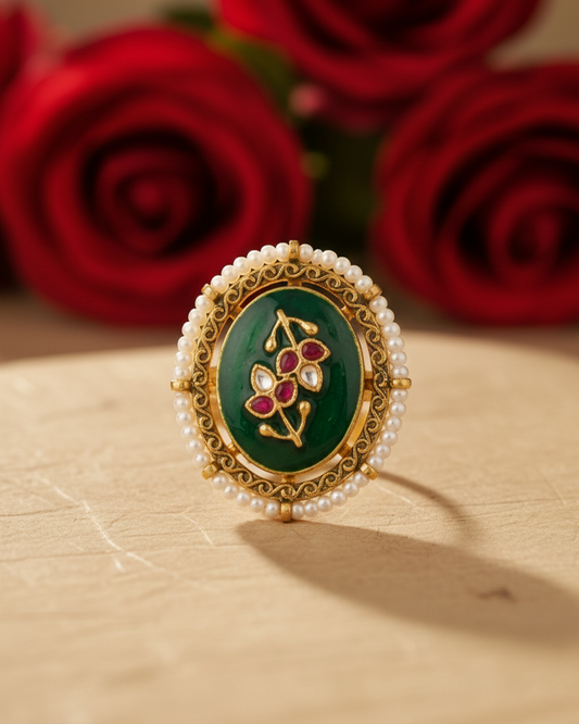 Floral Kundan Ring with Pearl Border, Adjustable Gold Ring Jewelry
