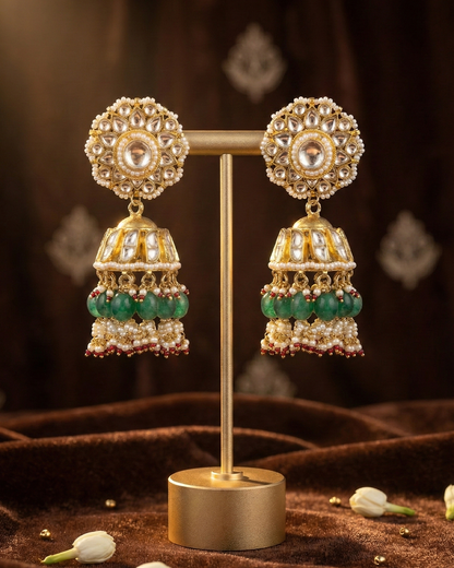Bridal Style 18K Gold Plated Jadau Jhumka with Kundan Polki Stones