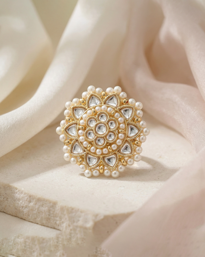 Gold Plated Pearl Kundan Floral Adjustable Ring for Women Jewelry
