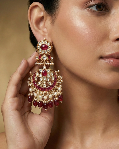 Handcrafted 18K Gold Plated Jadau Red Kundan Earrings Jewelry