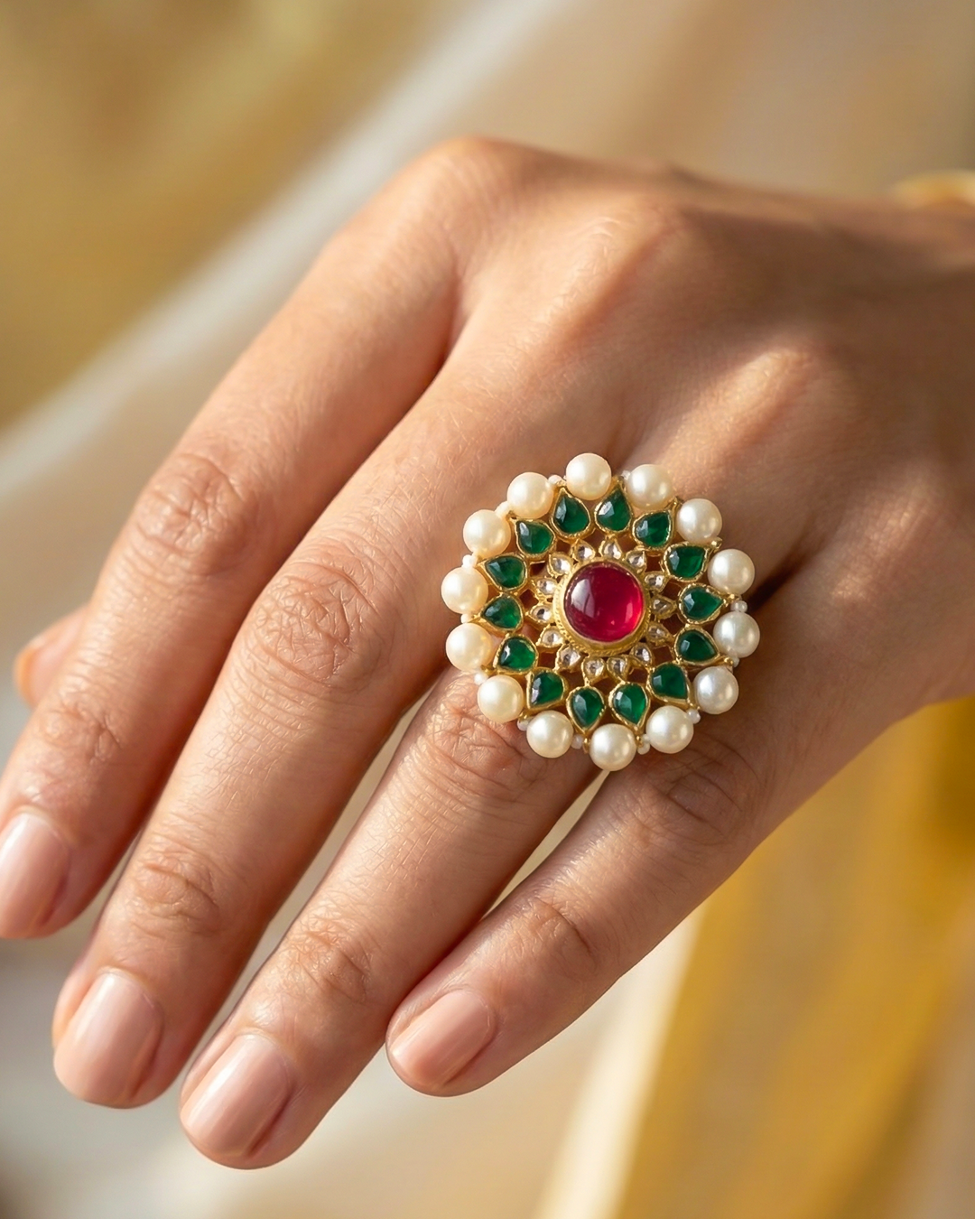 Handcrafted Kundan Pearl Floral Ring with Traditional Ring