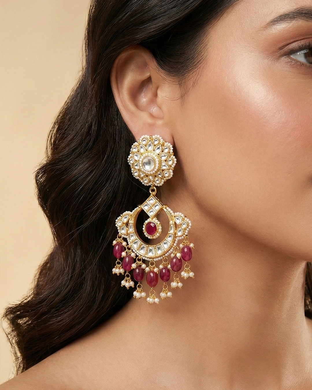 18K Gold Plated Ethnic Chandbali Earrings, Red Beads & Pearl Drops