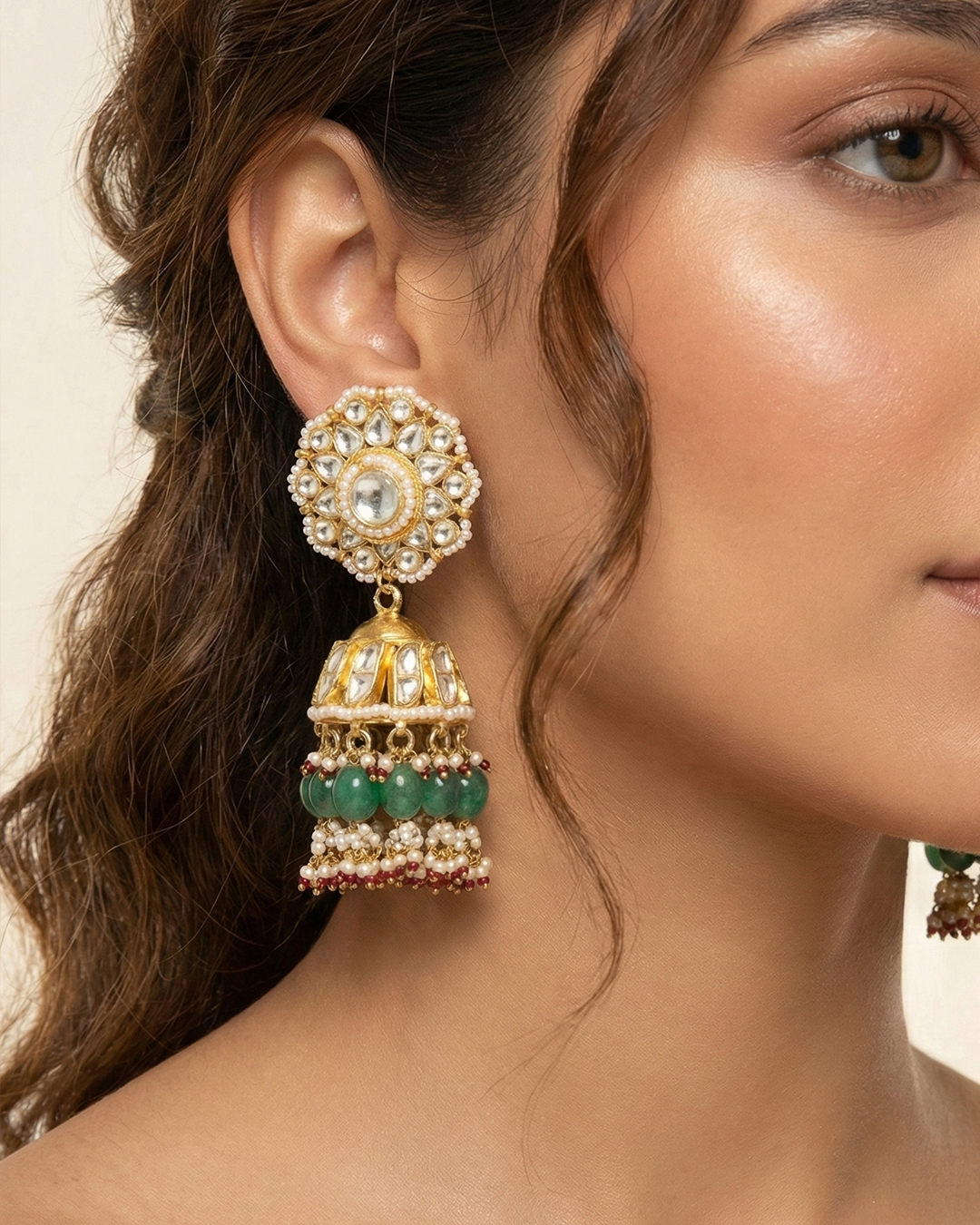 Bridal Style 18K Gold Plated Jadau Jhumka with Kundan Polki Stones