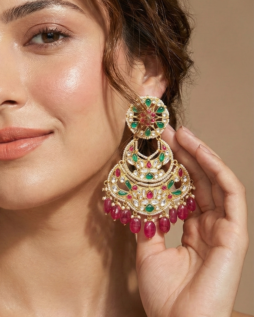 Bridal Jadau Chandbali Earrings – Gold Plated with Stones & Beads