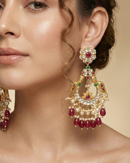 Bridal Style Peacock Chandbali Earrings with Red Beads & Pearls