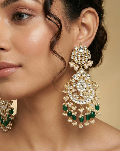 Designer Jadau Chandbali Earrings with Green Beads and Pearl Accents