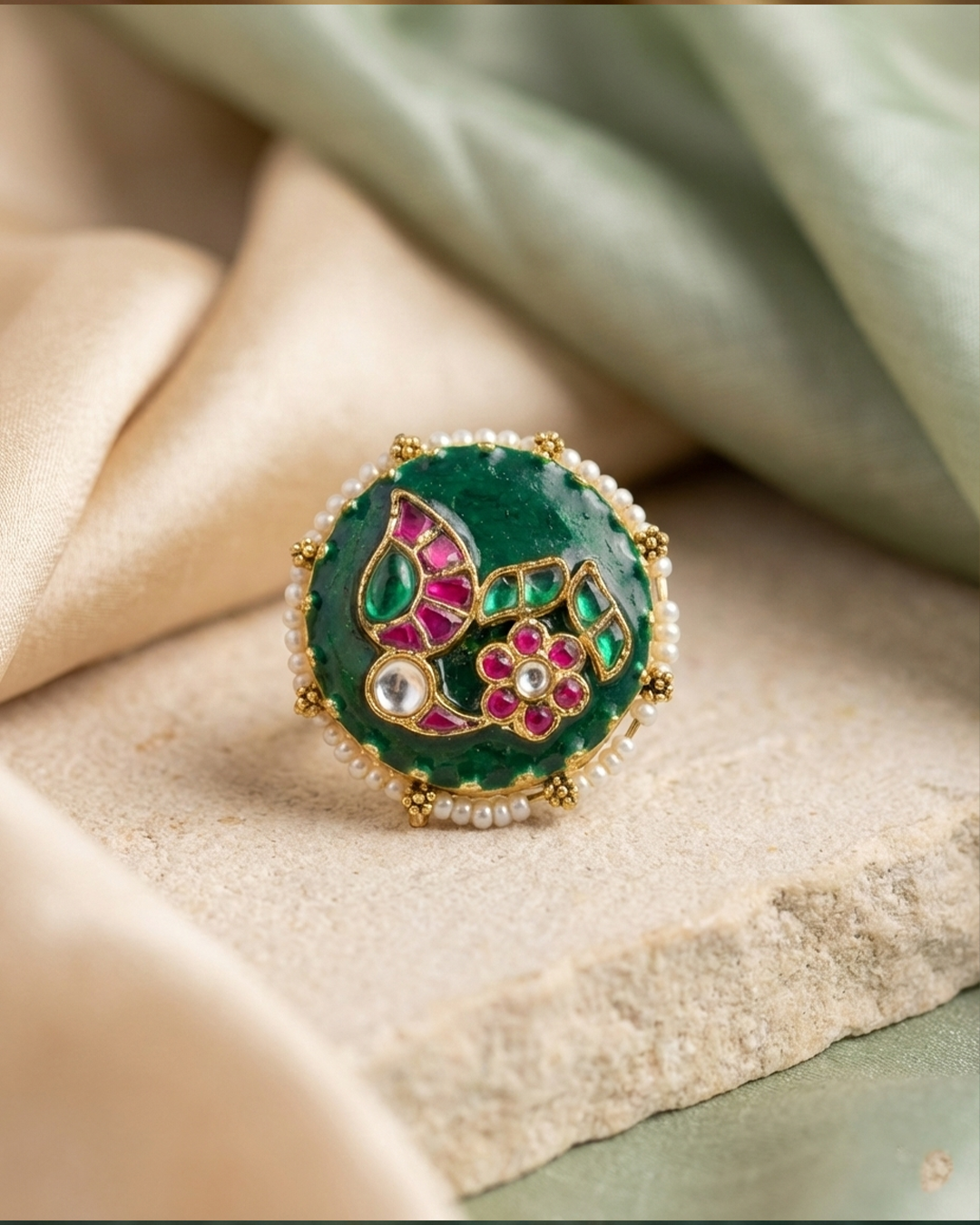 Emerald Green Kundan Pearl Statement Adjustable Ring Jewelry