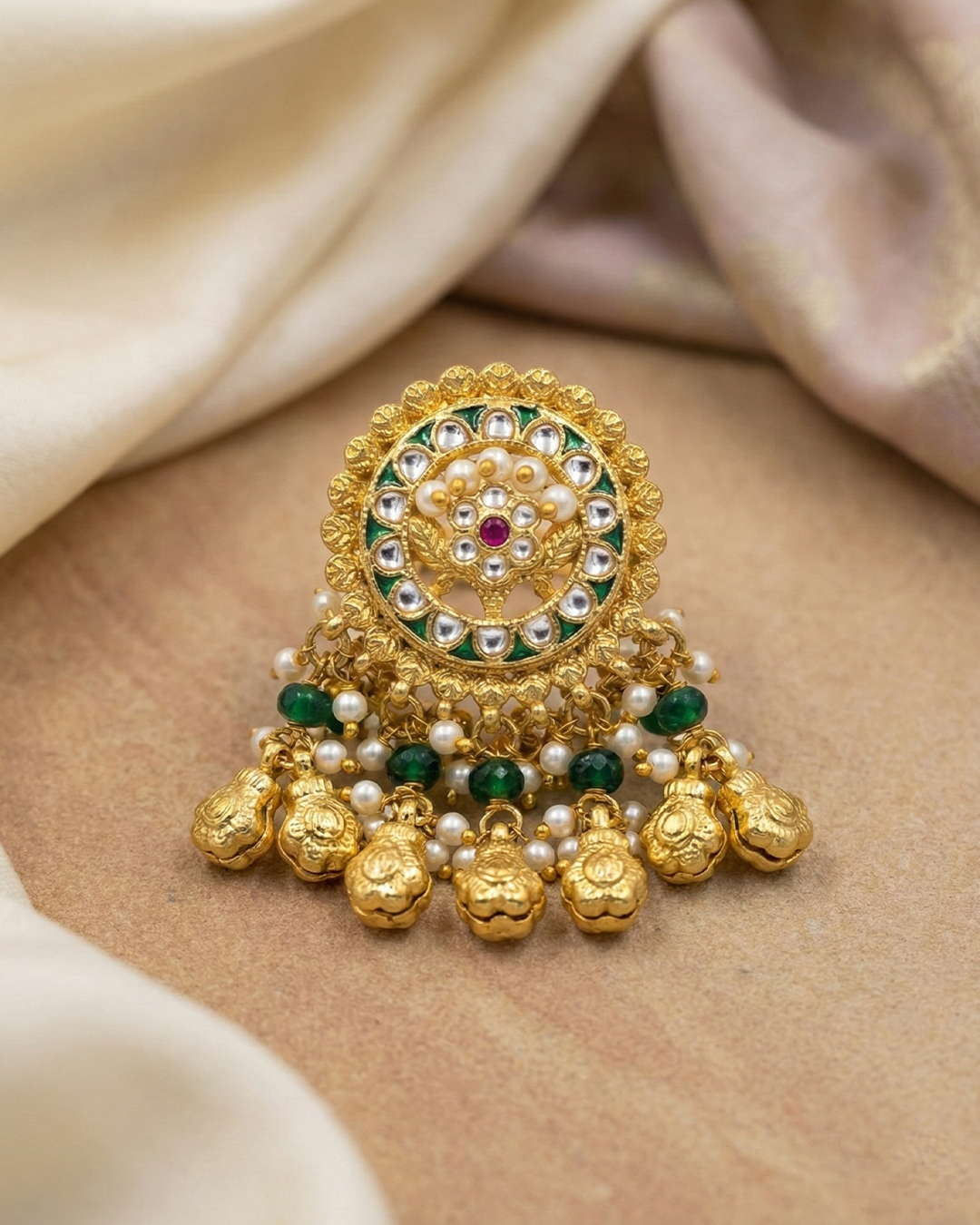 Gold Plated Royal Kundan Polki Pearl Adjustable Ring Jewelry