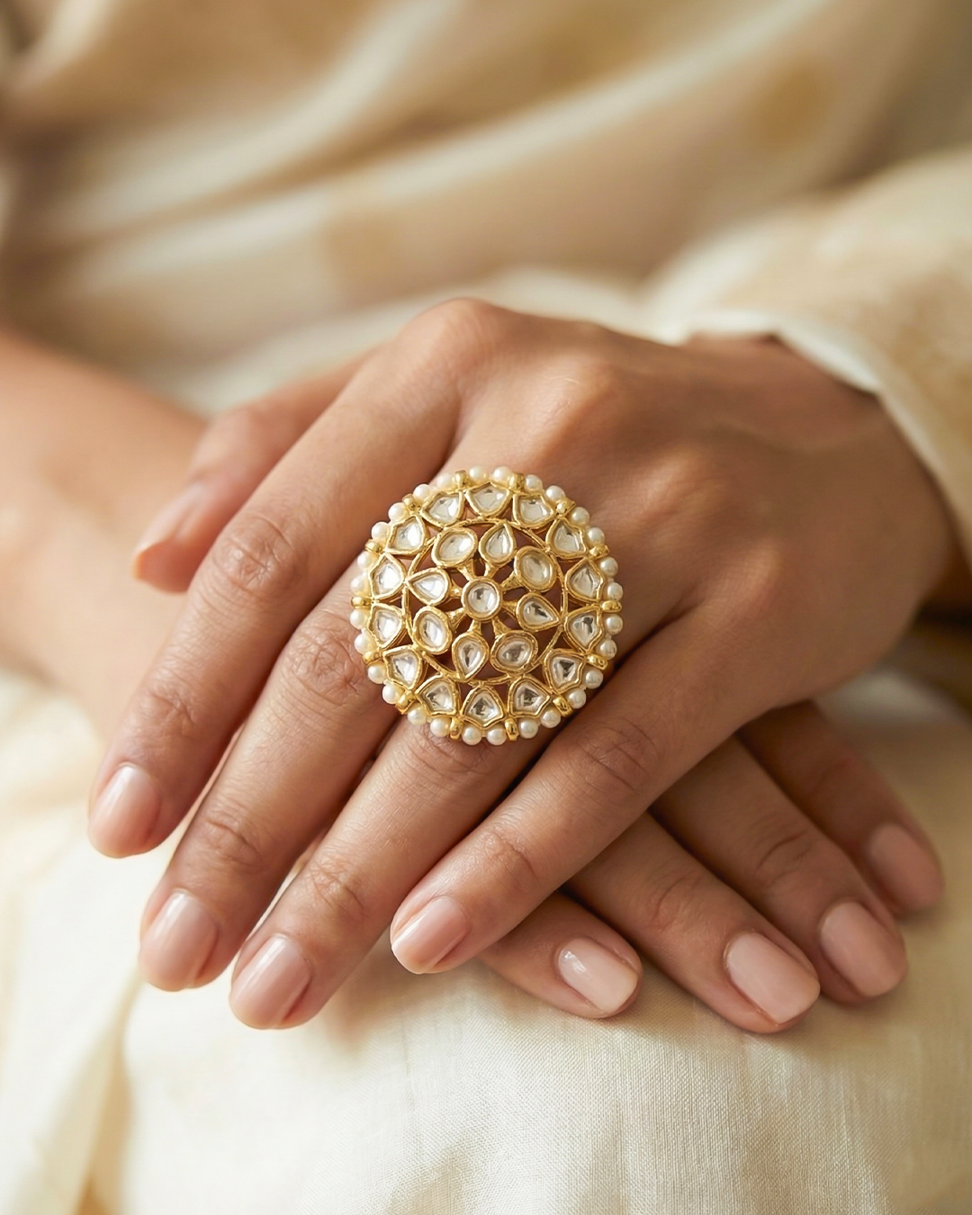 Round Kundan Pearl Ring Jewelry, 18k Gold Finish Adjustable Ring