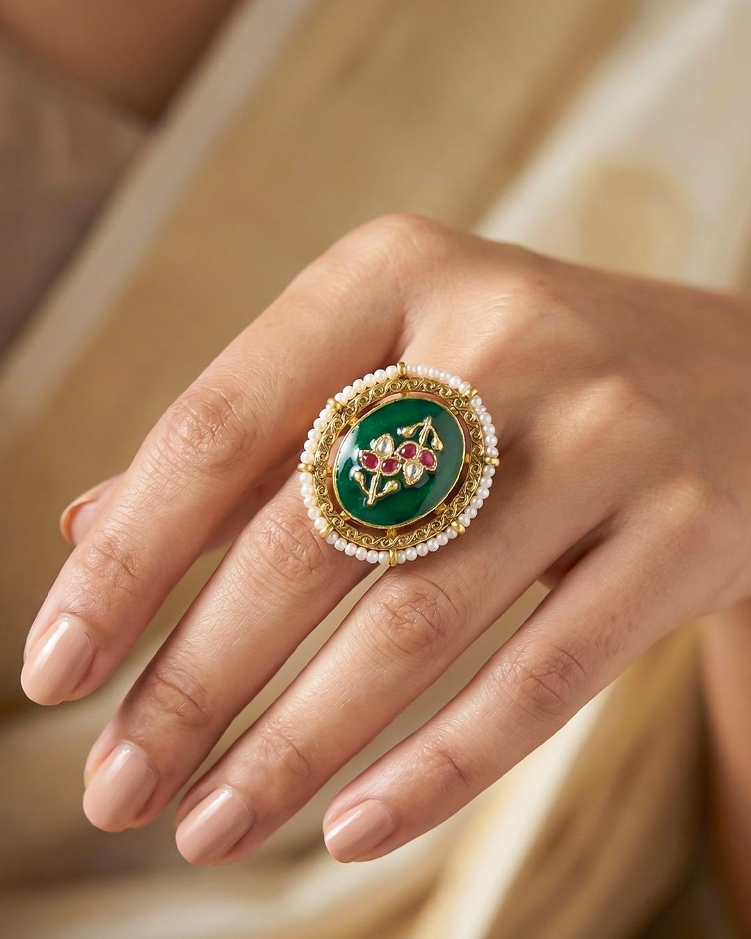 Floral Kundan Ring with Pearl Border, Adjustable Gold Ring Jewelry