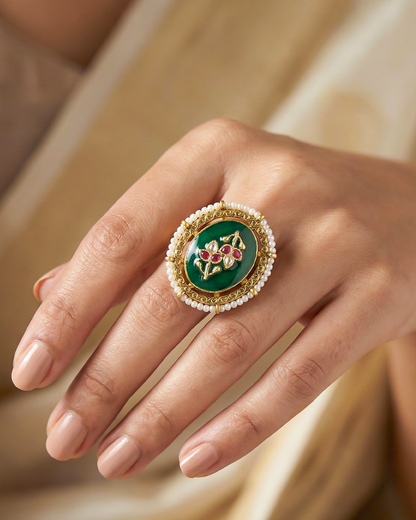 Floral Kundan Ring with Pearl Border, Adjustable Gold Ring Jewelry