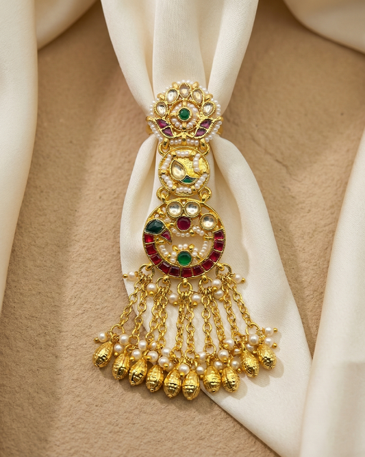 Green & Red Kundan Pearl Adjustable Ring-Antique Gold Bridal Ring