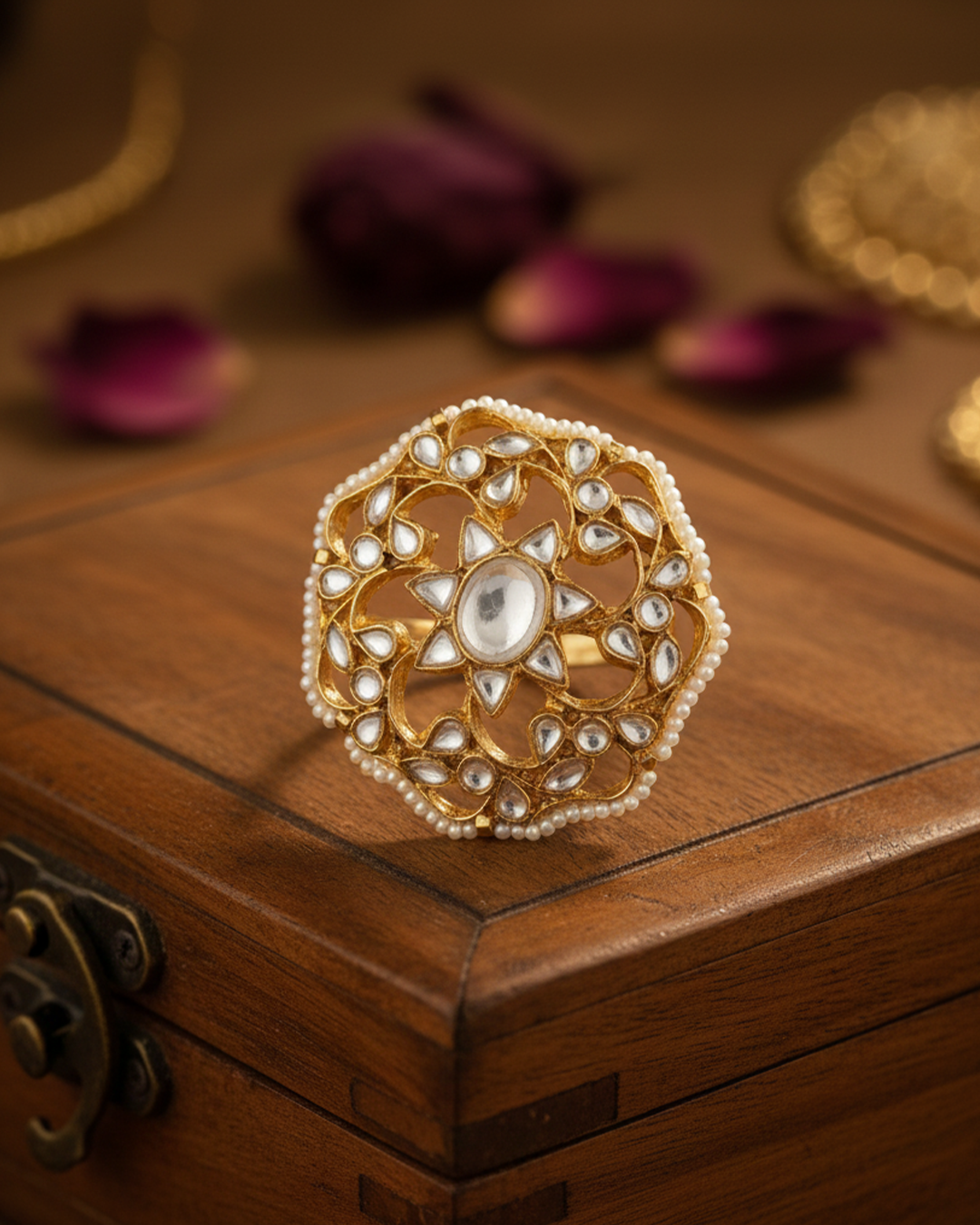 Floral Polki Kundan Ring, Pearl Border White Kundan Ring Jewelry