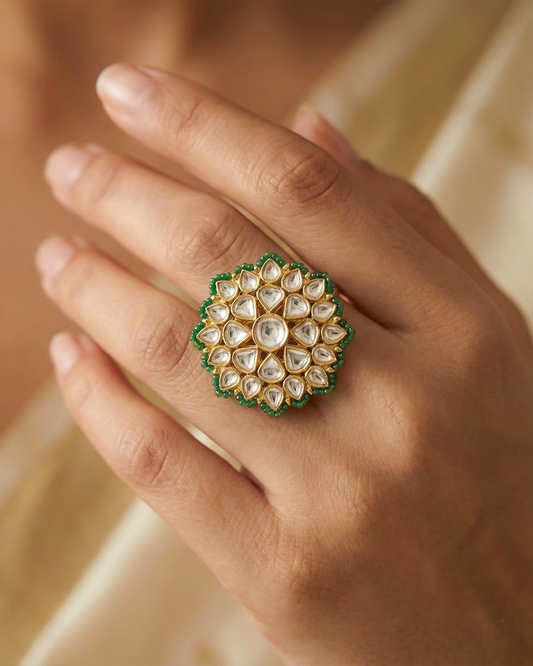 Green Beaded Polki Kundan Ring, Adjustable Ring Jewelry