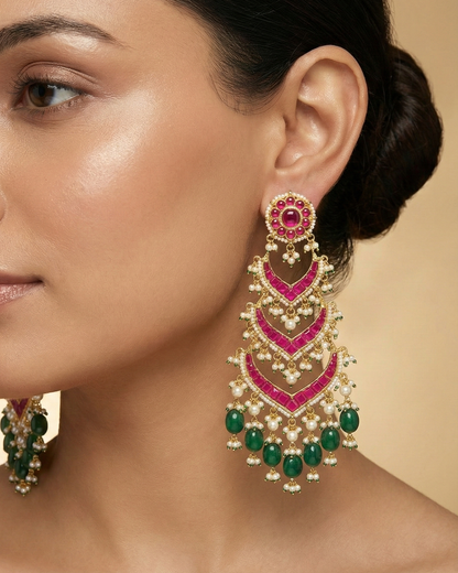 Handmade Layered Jadau Earrings for Women, Gold Plated Earrings Jewelry