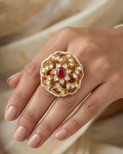 Handmade Polki Kundan Floral Ring, Mother of Pearl Ring Jewelry