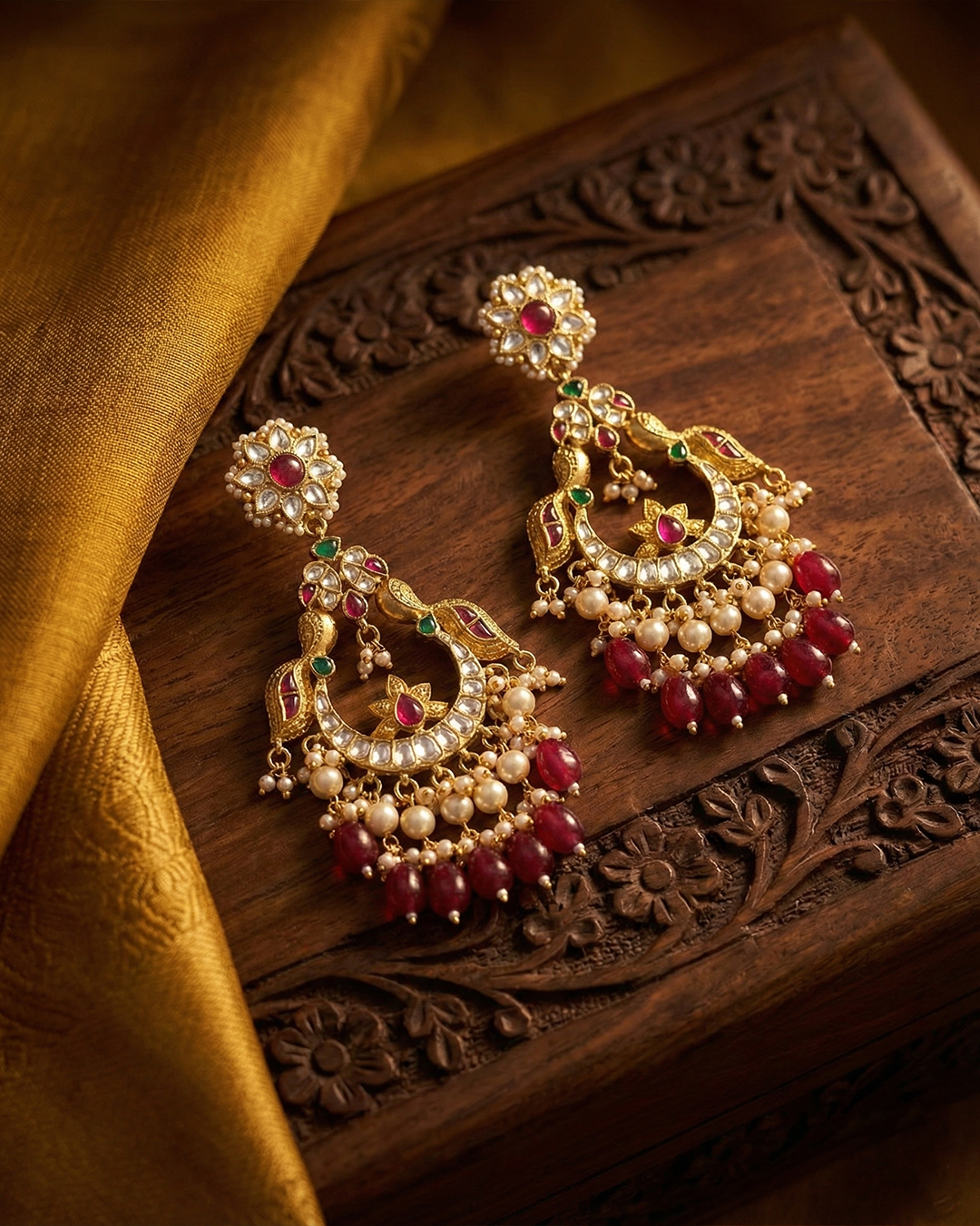 Bridal Style Peacock Chandbali Earrings with Red Beads & Pearls