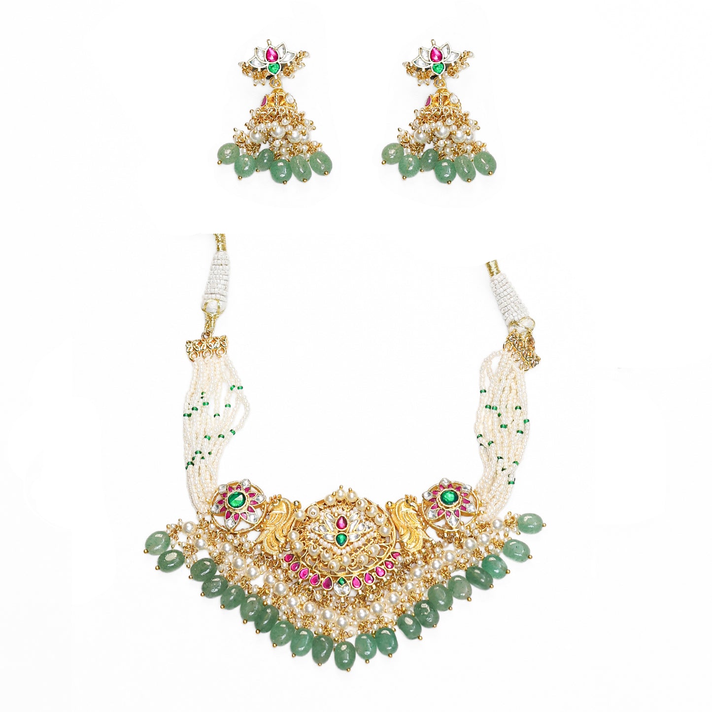 Statement Emerald & Pearl Bridal Necklace Set – Handmade Wedding Necklace Jewelry