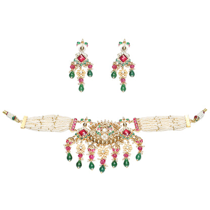Komalika Royal Green and Pink Kundan Choker Jewellery Set for Weddings Wear