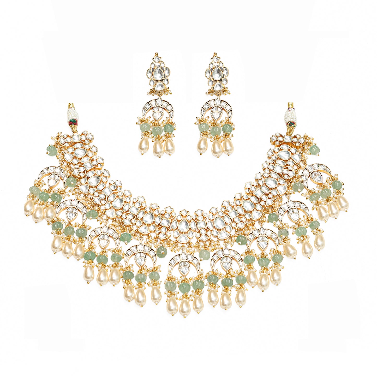 White Green Pearl Kundan Necklace Set by Dhanshree – Designer Indian Wedding Jewelry