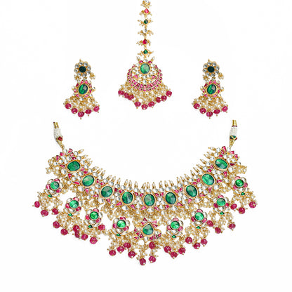 Green Pink Bridal Kundan Jewelry with Maang Tikka, Wedding Necklace, Traditional Bridal Set