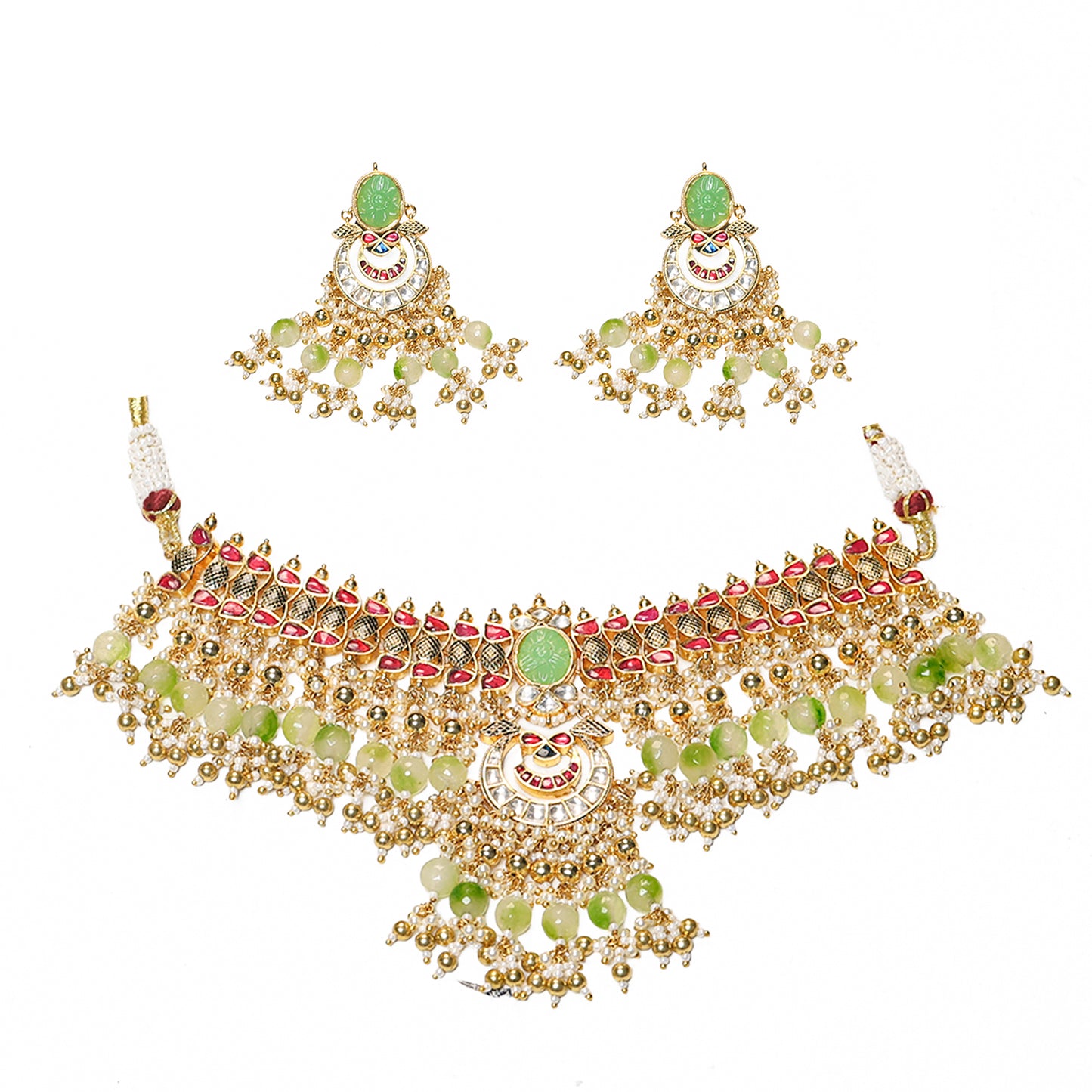 Designer Green Bridal Choker Set – Kundan Polki Necklace with Earrings, Indian Wedding Jewelry