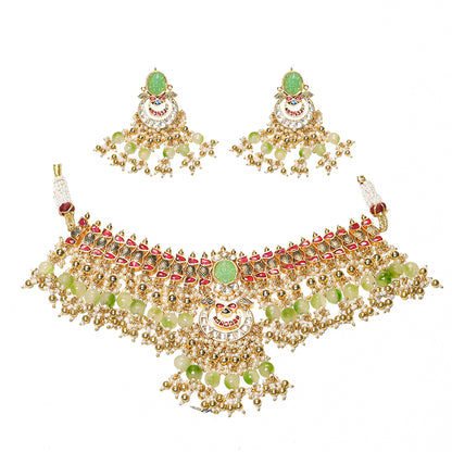 Designer Green Bridal Choker Set – Kundan Polki Necklace with Earrings, Indian Wedding Jewelry
