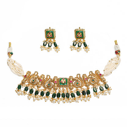 Royal Emerald Green Kundan Choker Necklace Set with Matching Earrings
