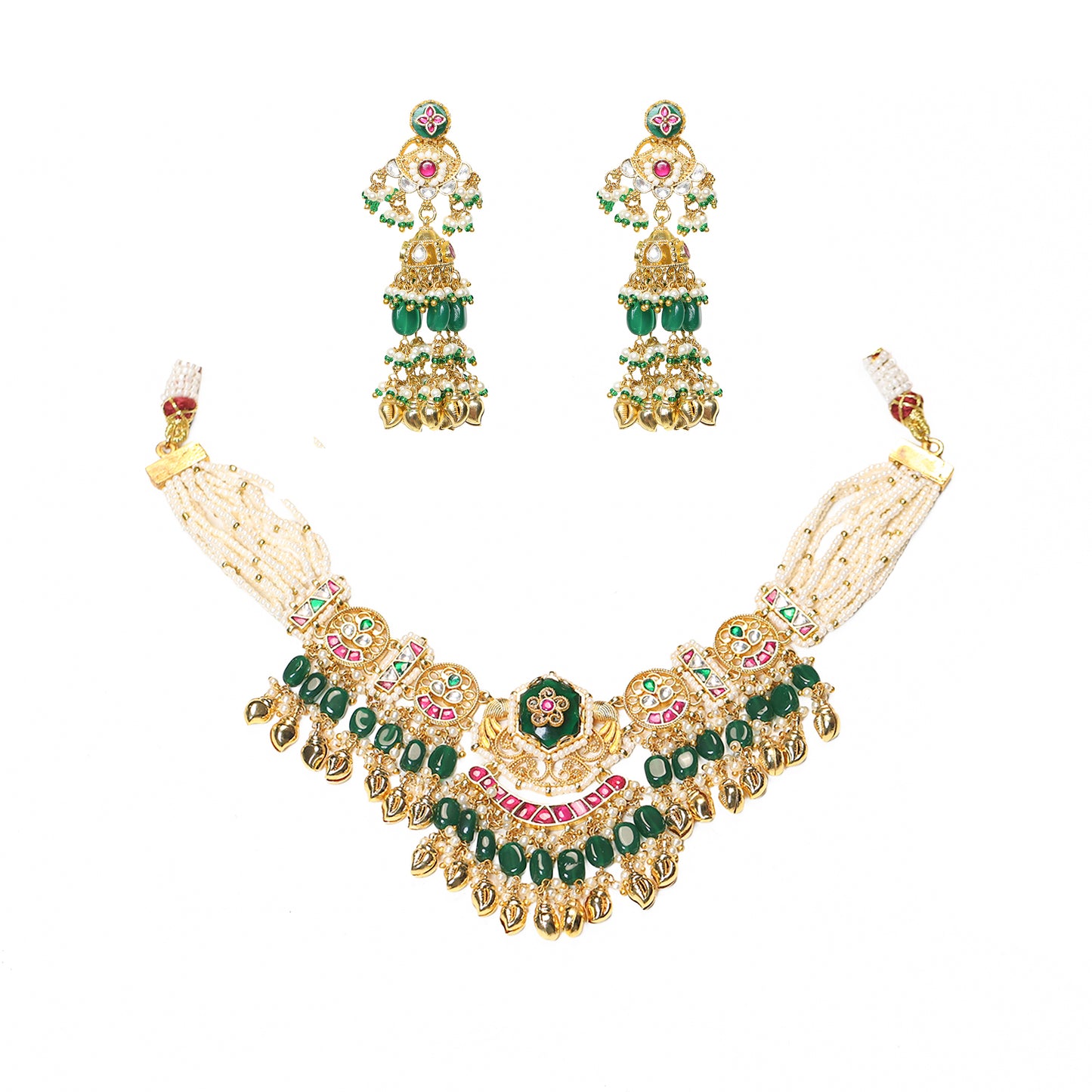 Green Bead Bridal Choker Necklace Set, Royal Wedding Jewelry, Ethnic Bridal Set