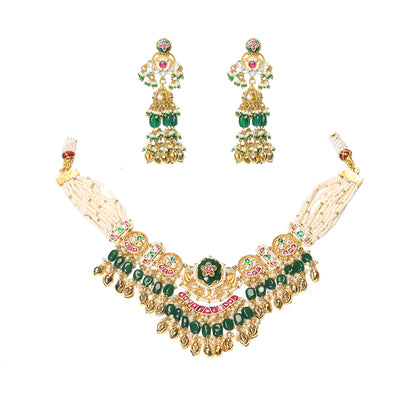 Green Bead Bridal Choker Necklace Set, Royal Wedding Jewelry, Ethnic Bridal Set