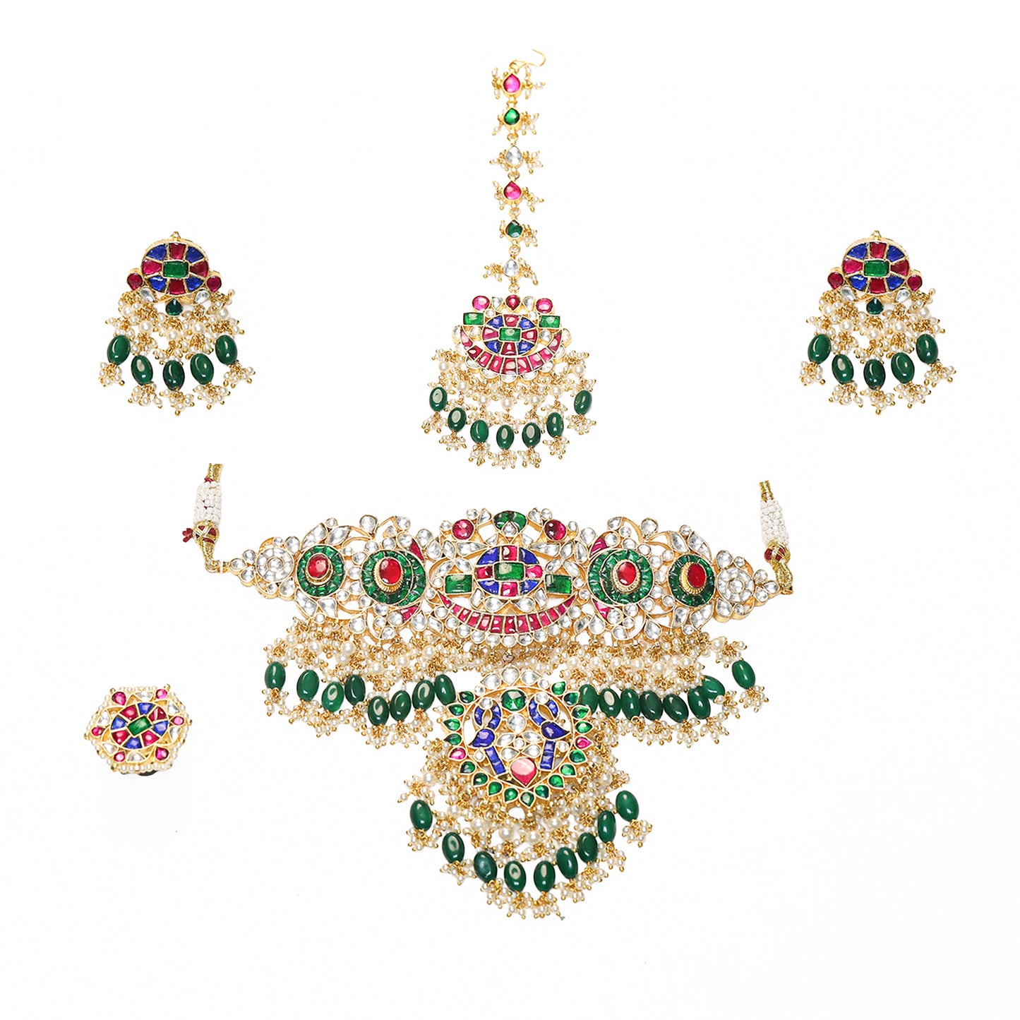 Multicolor Bridal Choker Set with Maang Tikka, Kundan Wedding Necklace Jewelry