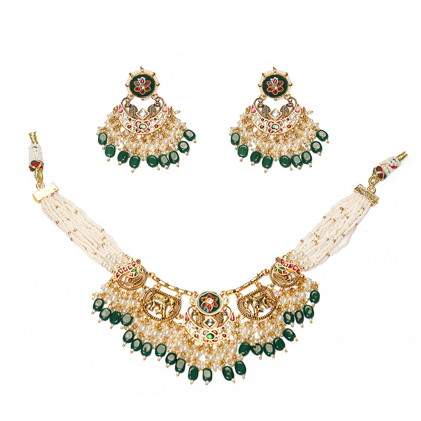 Kundan Pearl Choker Necklace Set, Handmade Indian Bridal Jewelry, Ethnic Statement Set